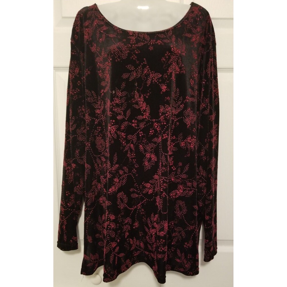 Fashion Bug Women's Tunic Top Black Velour Red Sparkle Embellisments 26W/28W
